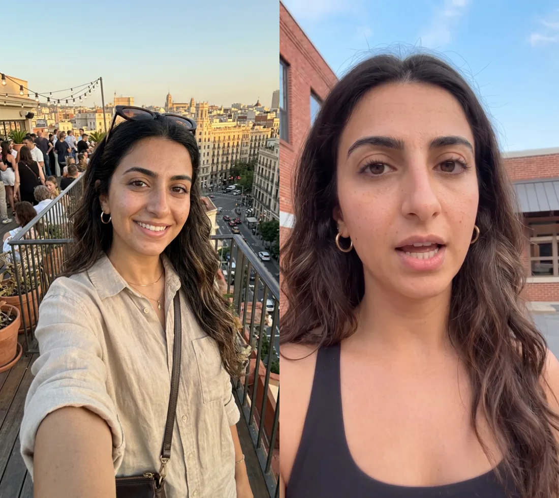 An early generation of Noor on a golden-hour rooftop, beautiful and ad-like. On the right, her active frame, harsh flat daylight, mid-sentence outside a brick building.