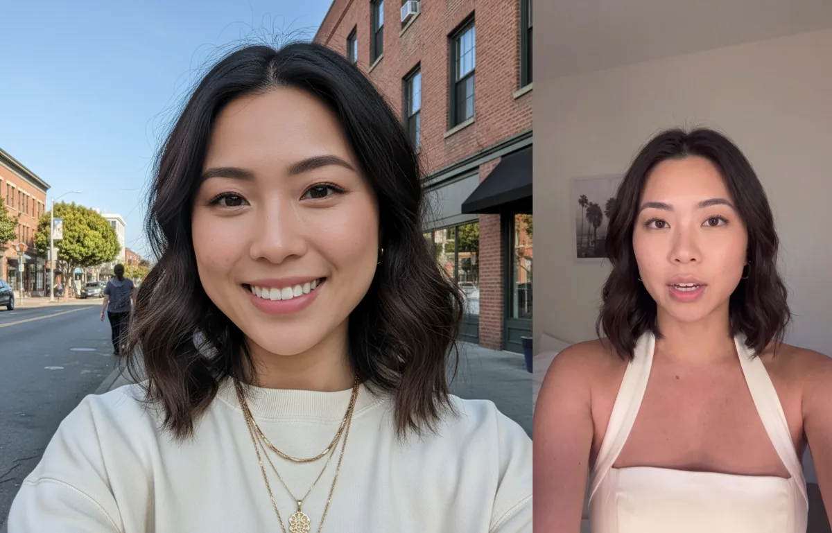 A raw generation of Skye, saturated street scene, glowing waxy skin, catalog smile. On the right, her active frame, muted bedroom light, mid-sentence.