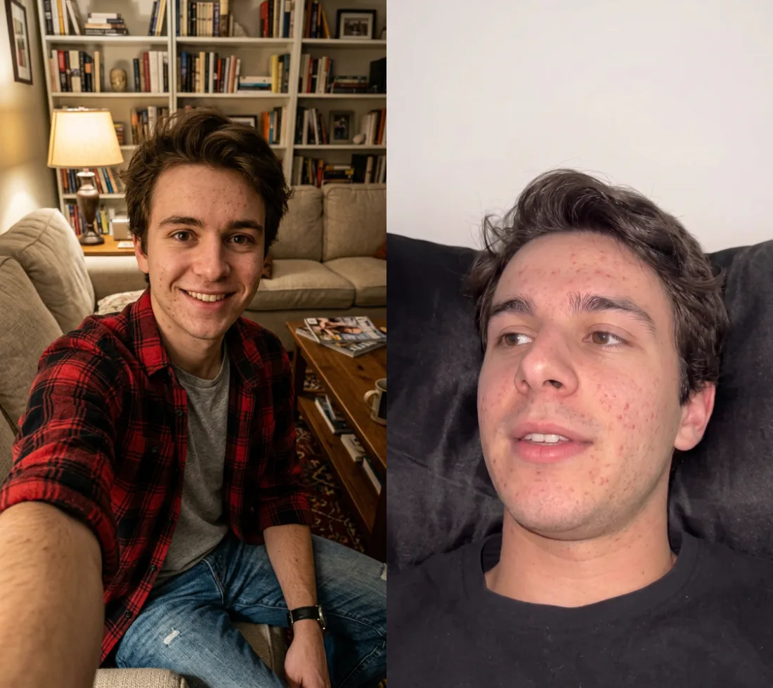 Ethan's early raw generation on the left, warm lamp glow and a posed grin. On the right, the frame we actually post, slumped on a pillow, visible acne, caught off guard.