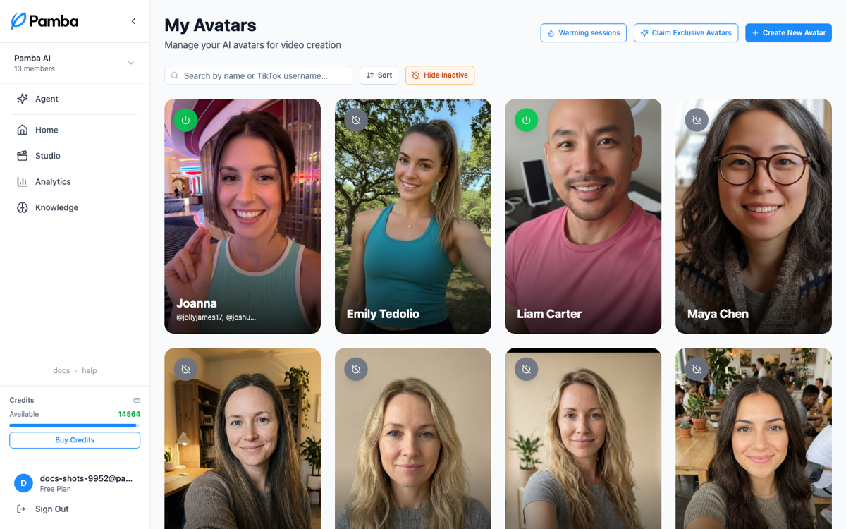 My Avatars: your roster, with warming, community claims, and creation