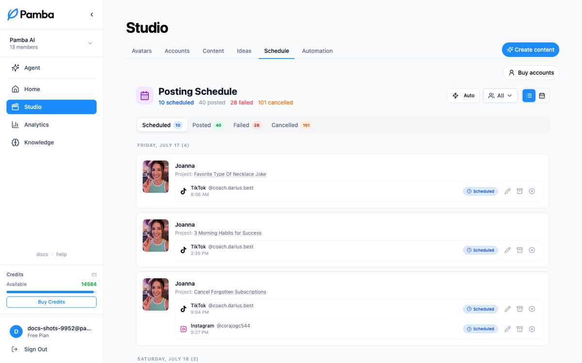 The posting schedule: scheduled, posted, failed, and cancelled posts per day